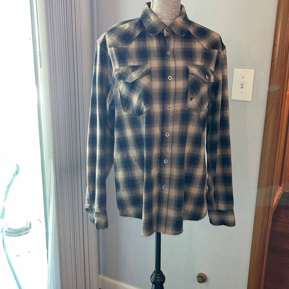 Wrangler Men's Shirt Large Western Wear Metal Buttons Yolked Plaid Blue Brown